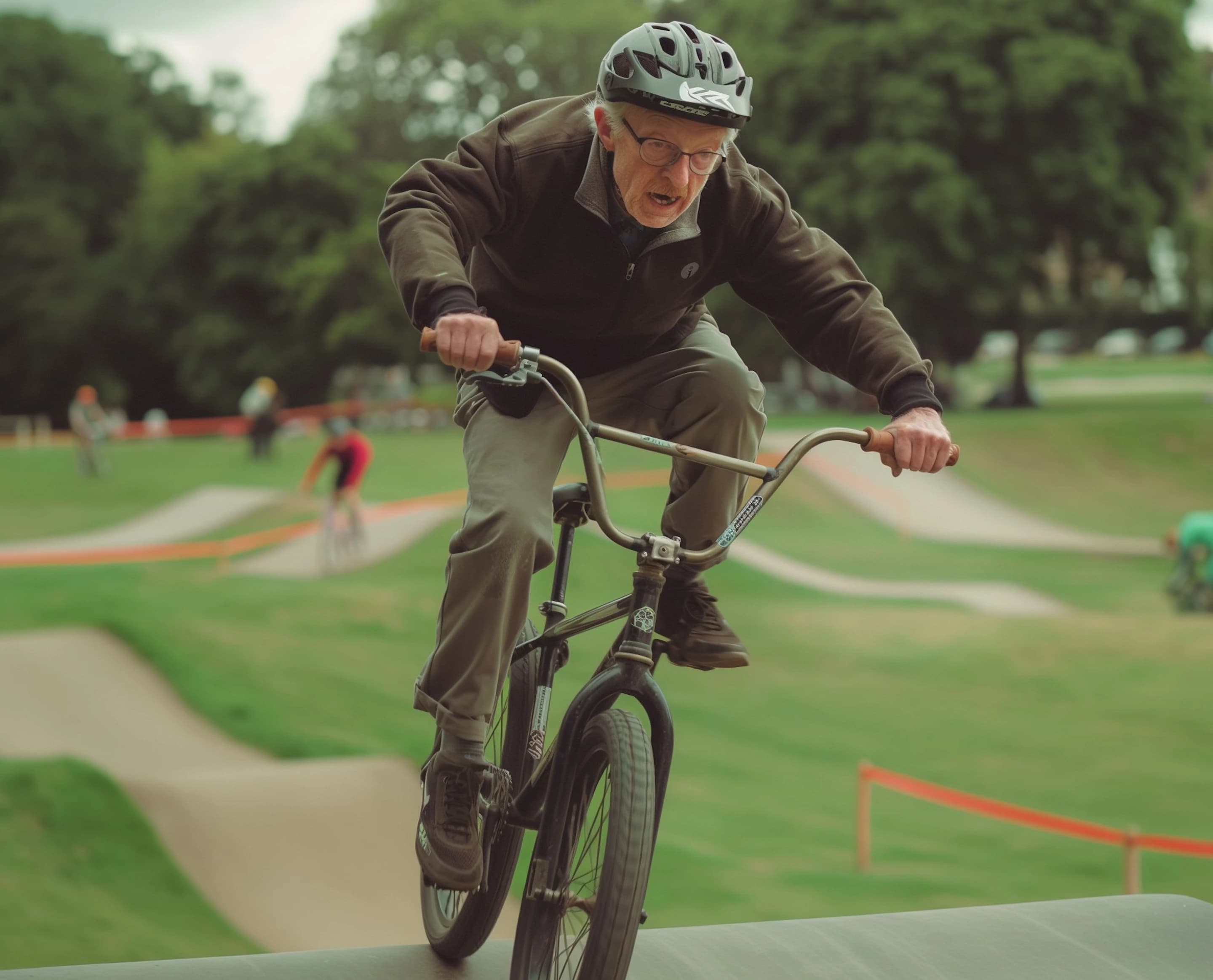 Senior man riding BMX bike in park